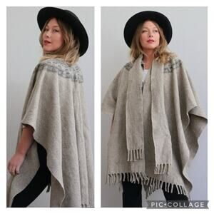 Vintage 1990's Wool Blanket poncho with button closing & fringe medium to large